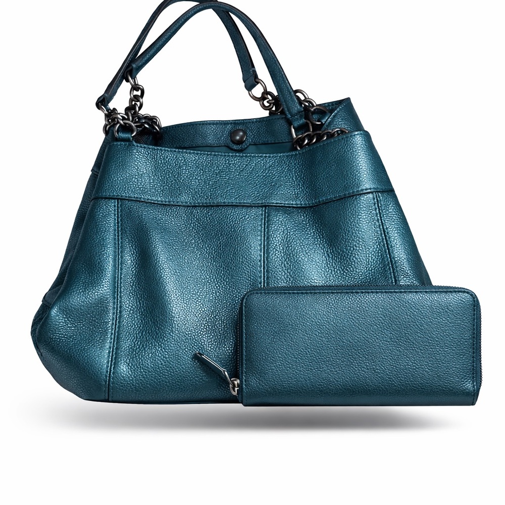 Coach Dark Teal Leather Shoulder Bag and Wallet